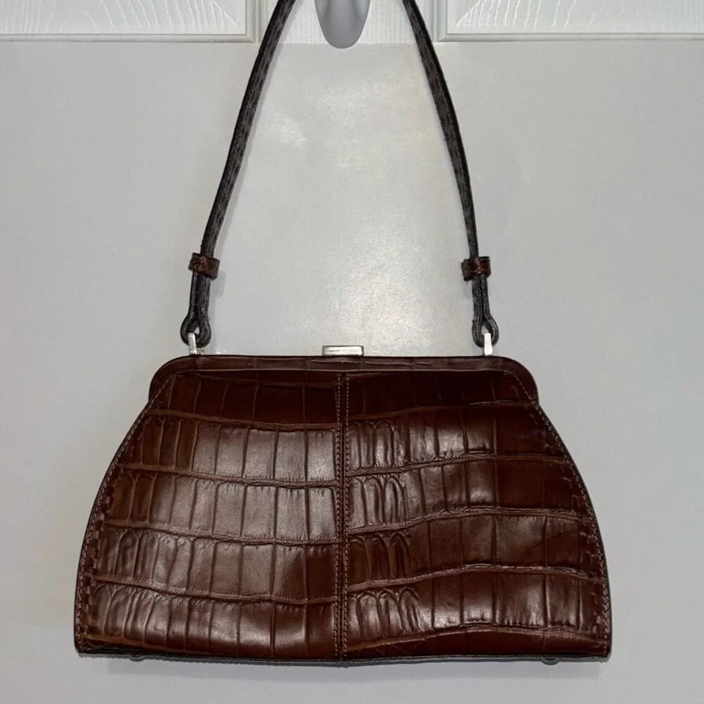 Classic Croc-Embossed Top-Handle Bag in Dark Brown